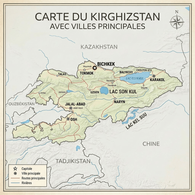 Map of Kyrgyzstan with main cities, roads, rivers, and neighboring countries Kazakhstan, Uzbekistan, Tajikistan, China