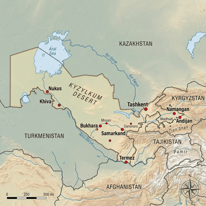 Map showing Uzbekistan with major cities and the Kyzylkum Desert highlighted